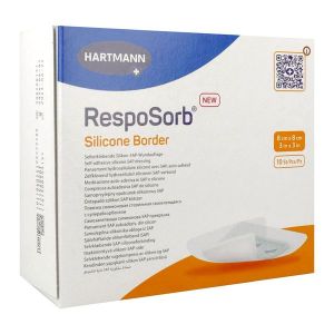 RESPOSORB SILICONE BORDER Pansement hydrocellulaire, interface siliconée et bords adhésifs, carré, 8 cm x 8 cm (ref. 413000), bt 10