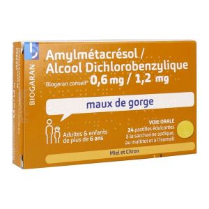 AMYLMETACRESOL ALC DICHLOR BIOGARAN CONSEIL MIEL CITRON Pastille 0,6 mg/1,2 mg, boîte 24
