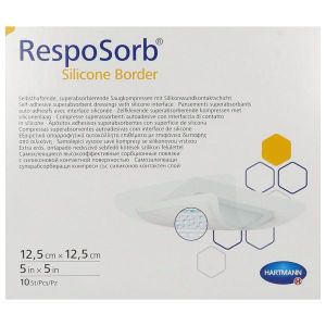 RESPOSORB SILICONE BORDER Pansement hydrocellulaire, interface siliconée et bords adhésifs, carré, 12,5 cm x 12,5 cm (ref. 413002), bt 10