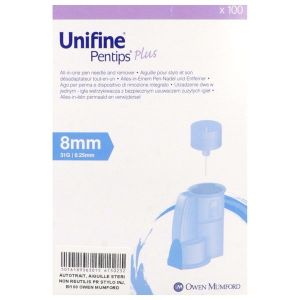UNIFINE PENTIPS PLUS Aiguille pour stylo injecteur d'insuline avec désadaptateur, G31, 0,25 mm x 8 mm, bleu (ref. AN3630), bt 100