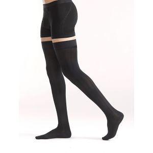 DYNAVEN 3 FIN HOMME Bas cuisse médical de compression autofixant, classe 3, pour homme, noir, long, large, paire