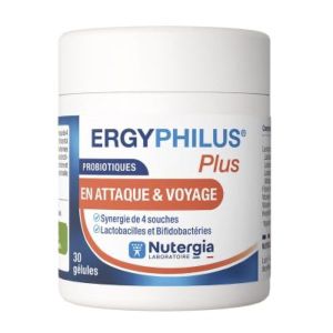 ERGYPHILUS PLUS Gélule, complément alimentaire avec 4 souches probiotiques et vitamines C et B3, Pilulier 60