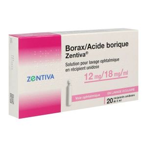 BORAX ACIDE BORIQUE ZENTIVA Solution pour lavage ophtalmique en récipient unidose 12 mg / 18 mg/ml, boîte 20 récipients unidoses 5 ml