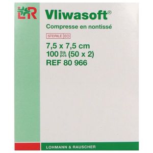 VLIWASOFT Compresse en non tissé, stérile, pochette de 2 compresses, 7,5 cm x 7,5 cm, sachet de 2, 50 sachets, bt 100