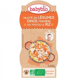 Babybio - Menu Mijoté de légumes et dinde Bio 8 mois - Lot de 2 bols de 200 g