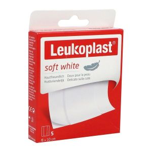 LEUKOPLAST SOFT WHITE Pansement adhésif extensible, hypoallergénique, prédécoupé en bande de 10 cm, 10 cm x 8 cm (ref. 76450-09), bt 5