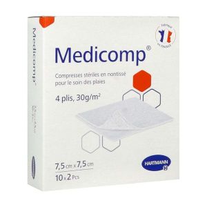 MEDICOMP STERILE Compresse en non tissé, stérile, 4 plis, pochette de 2 compresses, 7,5 cm x 7,5 cm (ref. 411041), bt 10 sachets
