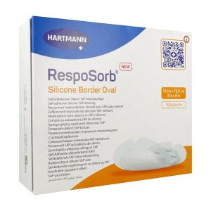RESPOSORB SILICONE BORDER Pansement hydrocellulaire, interface siliconée et bords adhésifs, ovale, 13 cm x 15,5 cm (ref. 413008), bt 10