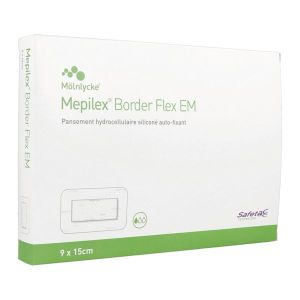 MEPILEX BORDER FLEX EM Pansement hydrocellulaire siliconé, bordé, flexible, forme mince, 9 cm x 15 cm (ref. 581520), bt 10