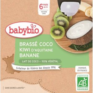 Babybio Gourde brassé au lait de coco , Banane et Kiwi d'Aquitaine BIO - 6 mois - 4 x 85 g