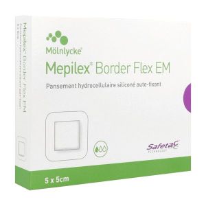 MEPILEX BORDER FLEX EM Pansement hydrocellulaire siliconé, bordé, flexible, forme mince, 5 cm x 5 cm (ref. 581220), bt 10
