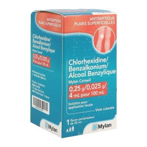 Chlorhexidine/Benzalkonium/Alcool Benzylique Viatris Conseil 0,25 G/0,025 G/4 Ml Pour 100 Ml Sol App Locale B/50