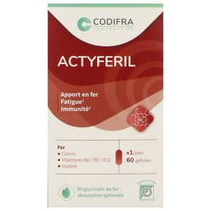 ACTYFERIL Gélule, complément alimentaire à base de fer, cuivre, inuline et vitamines, bt 60