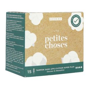LES PETITES CHOSES TAMPON Tampon périodique à bout arrondi, en coton bio, sans applicateur, super plus, bt 15