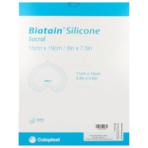 BIATAIN SILICONE SACRUM Pansement hydrocellulaire bord adhésif siliconé, repositionnable, stérile, petit 15 cm x 19 cm (ref. 334040), bt 5