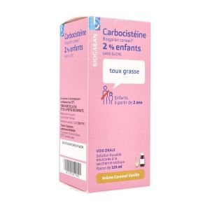 CARBOCISTEINE BIOGARAN ENFANT SANS SUCRE Solution buvable édulcorée à la saccharine sodique 2 %, flacon 125 ml avec cuillère-mesure 5 ml