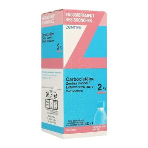 CARBOCISTEINE ZENTIVA CONSEIL ENFANT SANS SUCRE Sirop édulcoré à la saccharine sodique et au maltitol liquide 2 %, boîte 1 flacon 125 ml avec cuillère-mesure de 5 ml