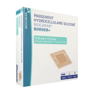 BIOGARAN BORDER + Pansement hydrocellulaire siliconé, bord adhésif, absorption importante, 17,5 cm x 17,5 cm, bt 10