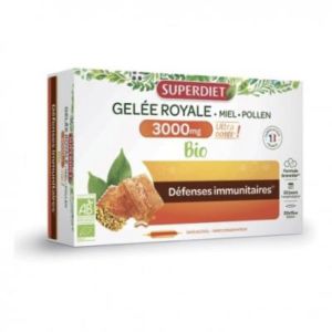 SUPERDIET GELEE ROYALE 3000 MG MIEL POLLEN BIO Solution buvable, complément alimentaire à base de gelée royale, miel et pollen, Bte 20