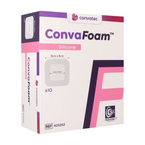 CONVAFOAM Pansement hydrocellulaire issu de la Technologie hydrofiber, adhésif siliconé, 8 cm x 8 cm (ref. 423252), bt 10