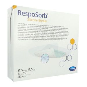 RESPOSORB SILICONE BORDER Pansement hydrocellulaire, interface siliconée et bords adhésifs, carré, 17,5 cm x 17,5 cm (ref. 413022), bt 10