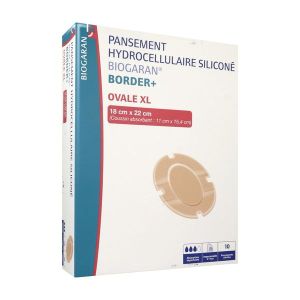 BIOGARAN BORDER + OVALE XL Pansement hydrocellulaire siliconé, bord adhésif, absorption importante, ovale, 18 cm X 22 cm, bt 10