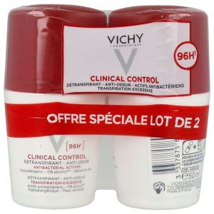 VICHY CLINICAL CONTROL DETRANSPIRANT ANTIODEUR 96 H BILLE Roll-on détranspirant anti-odeur 96 H, fl 50 ml x 2