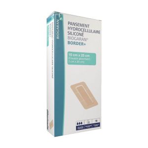 BIOGARAN BORDER + Pansement hydrocellulaire siliconé, bord adhésif, absorption importante, 10 cm x 25 cm, bt 10