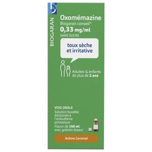 OXOMEMAZINE BIOGARAN CONSEIL SANS SUCRE Solution buvable édulcorée à l'acésulfame potassique 0,33 mg/ml, flacon 150 ml avec gobelet doseur