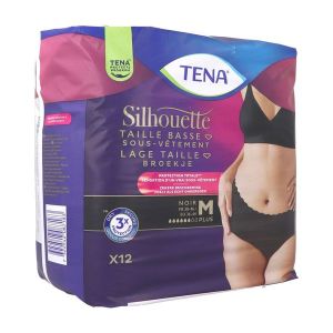 TENA SILHOUETTE PLUS Sous vêtement absorbant jetable pour incontinence urinaire, taille basse, femme, noir, medium, taille 38 - 46 (ref. 780203), sac 12