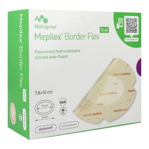 MEPILEX BORDER FLEX OVAL Pansement hydrocellulaire siliconé, bordé, flexible, stérile, forme ovale, 7,8 cm x 10 cm, bt 16