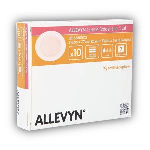 ALLEVYN GENTLE BORDER LITE OVAL Pansement hydrocellulaire à bords adhésifs, stérile, très absorbant, small 8,6 cm x 7,7 cm (ref. 66801013), bt 10