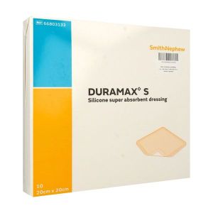 DURAMAX S Pansement hydrocellulaire siliconé, superabsorbant, 20 cm x 20 cm (ref. 66803133), bt 10
