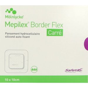 MEPILEX BORDER FLEX CARRE Pansement hydrocellulaire siliconé, bordé, flexible, stérile, forme carrée, 10 cm x 10 cm (ref. 595321), bt 16