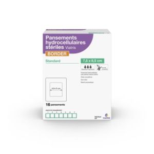 VIATRIS BORDER PANSEMENT HYDROCELLULAIRE Pansement hydrocellulaire siliconé, standard, stérile, 7,5 cm x 8,5 cm, bt 16