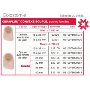 MODERMA FLEX CERAPLUS CONVEXE SOUPLE POCHE FERMEE MAXI Poche fermée 1 pièce, opaque, protecteur cutané CeraPlus convexe, à découper, diamètre 15 mm à 55 mm (ref. 522101), bt 30