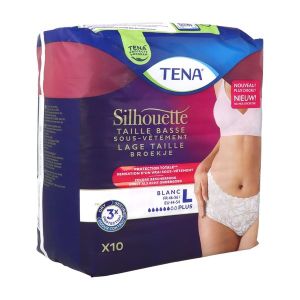TENA SILHOUETTE PLUS Sous vêtement absorbant jetable pour incontinence urinaire, taille basse, femme, blanc, large, taille 46 - 56 (ref. 780123), sac 