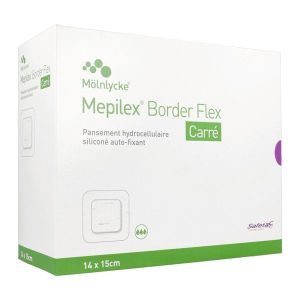 MEPILEX BORDER FLEX CARRE Pansement hydrocellulaire siliconé, bordé, flexible, stérile, forme carrée, 14 cm x 15 cm (ref. 595021), bt 16