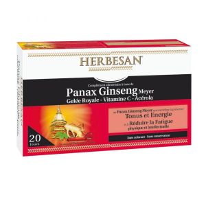Herbesan panax ginseng Meyer Gelée royale vitamine C, Acérola - 20 ampoules