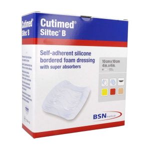 CUTIMED SILTEC B Pansement hydrocellulaire à bord adhésif, stérile, très absorbant, 10 cm x 10 cm (ref. 73284-05), bt 10