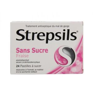 Strepsils Fraise Sans Sucre Pastille Edulcoree A L'Isomalt Au Maltitol Et A La Saccharine Sodique B/24