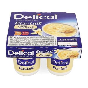 DELICAL DESSERT LACTE HP HC RIZ AU LAIT Denrée alimentaire destinée à des fins médicales spéciales, vanille, pot 200 g x 4