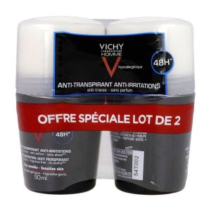VICHY HOMME DEODORANT 48 H ANTITRANSPIRANT ANTIIRRITATIONS Roll'on déodorant antitranspirant, antiirritation 48 H, fl 50 ml x 2