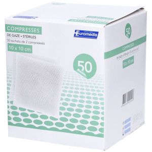 EUROMEDIS COMPRESSE Compresse de gaze hydrophile stérile, 10 cm x 10 cm, sachet de 2, 50 sachets, bt 100