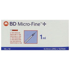 BD MICRO - FINE + Seringue 3 pièces à insuline de 1 ml, aiguille sertie Micro-fine +, 100 UI/ml, 0,33 mm x 12,7 mm, bt 100