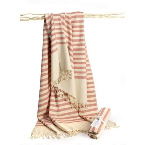 Al Bara Fouta blanche, rayée rose 100% coton fabriqué de façon artisanal avec un tissage