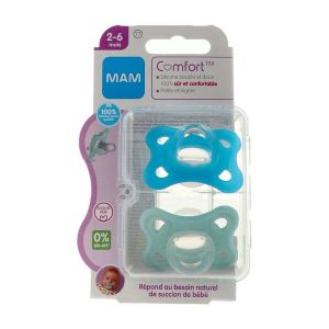 MAM COMFORT SUCETTE 2 - 6 MOIS Sucette physiologique, silicone SkinSoft 100 %, 1er âge, bleu (ref. 111504), bt 2