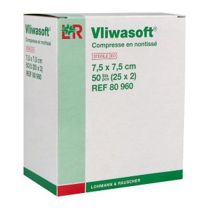 VLIWASOFT Compresse en non tissé, stérile, pochette de 2 compresses, 7,5 cm x 7,5 cm, sachet de 2, 25 sachets, bt 50