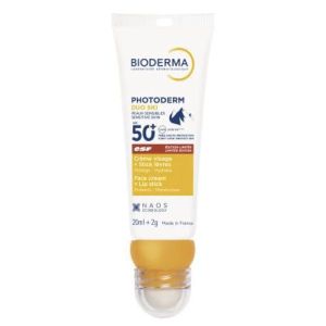 PHOTODERM DUO SKI PEAUX SENSIBLES SPF 50+ Crème solaire visage + stick solaire labial très haute protection, SPF 50+, 20 ml + 2 g