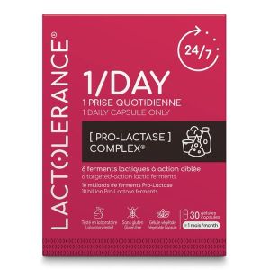 LACTOLERANCE 1 DAY Gélule, complément alimentaire à base de 6 ferments lactiques et vitamine C, bt 30